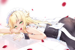 Rule 34 | 1girl, alternate costume, ass, aurora (azur lane), azur lane, bare shoulders, blonde hair, blush, breasts, chinese commentary, commentary request, dress, enmaided, green eyes, long hair, looking at viewer, maid, maid headdress, maya g, smile, solo, very long hair, wrist cuffs