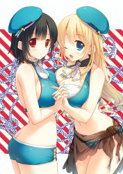 Rule 34 | 10s, 1girl, 2girls, adapted costume, ascot, ass, atago (kancolle), beret, bikini, black hair, blonde hair, blue eyes, breast press, breasts, butt crack, cleavage, curvy, hat, highres, holding hands, kantai collection, large breasts, long hair, mizuno sao, multiple girls, one eye closed, red eyes, sarong, short hair, short shorts, shorts, swimsuit, symmetrical docking, takao (kancolle)