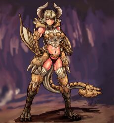 Rule 34 | 1girl, animal feet, armor, blush, breasts, claws, commentary request, cow horns, crop top, crotchless, diablos, frown, glaring, gluteal fold, highres, horns, jewelry, large breasts, legs apart, light brown hair, looking at viewer, monster girl, monster hunter (series), navel, necklace, panties, personification, red eyes, scales, short hair, shoulder armor, skirt, solo, standing, tail, talons, thighs, turtleneck, udetamago, underwear, winged arms, wings