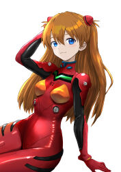 Rule 34 | 1girl, absurdres, artist request, blue eyes, bodysuit, breasts, brown hair, closed mouth, cowboy shot, curvy, hair between eyes, hand in own hair, highres, interface headset, legs together, looking at viewer, multicolored bodysuit, multicolored clothes, neon genesis evangelion, pilot suit, plugsuit, red bodysuit, shiny clothes, simple background, sitting, smile, solo, souryuu asuka langley, two side up, white background, wide hips