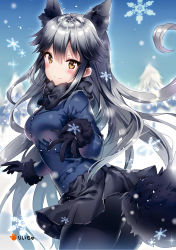 Rule 34 | 10s, 1girl, animal ears, artist name, black gloves, black hair, black pantyhose, blazer, blue sky, blush, bow, bowtie, brown eyes, closed mouth, day, fox ears, fox tail, from side, fur trim, gloves, grey hair, highres, jacket, kemono friends, long hair, looking at viewer, multicolored hair, non-web source, outdoors, outstretched hand, pantyhose, pleated skirt, riichu, silver fox (kemono friends), skirt, sky, smile, snowflakes, snowing, solo, sparkle, tail, two-tone hair