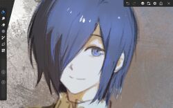 Rule 34 | 1girl, astronut zzz, blue eyes, blue hair, brown background, closed mouth, collared shirt, grey background, hair over one eye, highres, kirishima touka, looking at viewer, portrait, shirt, short hair, smile, solo, tokyo ghoul, unfinished