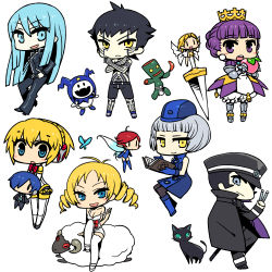 Rule 34 | 2boys, 6+girls, :d, :o, aegis (persona), arlia, armor, atlus, blonde hair, blue eyes, blue hair, book, boomerang, bug, butterfly, cat, catherine, catherine (game), chan co, character doll, chibi, company connection, crossover, crown, demi-fiend, devil summoner, drill hair, eating, elizabeth (persona), food, fruit, gouto, gradriel, gradriel de valendia, grey hair, hat, insect, jack frost (megami tensei), kuzunoha raidou, long hair, mokoi, multiple boys, multiple crossover, multiple girls, nemissa, open mouth, pantyhose, peach, persona, persona 3, pixie (megami tensei), princess crown, purple eyes, purple hair, sheep, shin megami tensei, shin megami tensei iii: nocturne, short hair, sitting, smile, soul hackers, standing, sword, tattoo, thighhighs, twin drills, twintails, weapon, yellow eyes, yuuki makoto (persona 3), | |