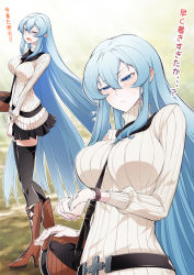 Rule 34 | 1girl, :d, akame ga kill!, bag, belt, between breasts, black skirt, black thighhighs, blue eyes, blue hair, blush, boots, breasts, brown footwear, casual, cluseller, day, esdeath, flying sweatdrops, hair between eyes, half-closed eyes, high heel boots, high heels, highres, large breasts, long hair, looking at viewer, looking at watch, multiple views, open mouth, outdoors, pleated skirt, ribbed sweater, shoulder bag, skirt, smile, strap between breasts, sweatdrop, sweater, thighhighs, tsurime, turtleneck, turtleneck sweater, very long hair, watch, white sweater, wristwatch, zettai ryouiki