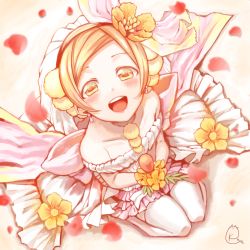 Rule 34 | 10s, 1girl, blush, dress, earrings, flower, highres, hoshizora rin, jewelry, konya (chocolate palette), looking at viewer, love live!, love live! school idol festival, love live! school idol project, love wing bell, microphone, open mouth, orange hair, short hair, sitting, smile, solo, thighhighs, veil, white dress, white thighhighs, yellow eyes