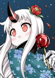 Rule 34 | 10s, candy apple, colorized, commentary request, flower, food, hair flower, hair ornament, highres, horns, japanese clothes, kantai collection, long hair, looking to the side, orange eyes, seaport princess, single horn, solo, sparkle, yamato nadeshiko
