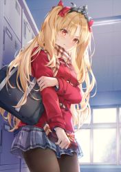 Rule 34 | 1girl, bag, blonde hair, blue skirt, blush, bow, box, breasts, brown pantyhose, brown scarf, closed mouth, commentary request, ereshkigal (fate), fate/grand order, fate (series), getabako, gift, gift box, grey skirt, hair between eyes, hair bow, higeneko, highres, holding, holding gift, indoors, jacket, long hair, long sleeves, looking at viewer, medium breasts, pantyhose, parted bangs, plaid, plaid skirt, pleated skirt, red bow, red eyes, red jacket, scarf, school bag, shoulder bag, skirt, small breasts, solo, sweat, thighs, tiara, two side up, valentine, very long hair, window