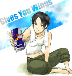Rule 34 | 1girl, ace combat, ace combat 5, barefoot, black eyes, black hair, can, drink, energy drink, english text, inaba tomoe, kei nagase, namco, navel, product placement, red bull, short hair, solo, tank top, typo