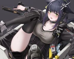 Rule 34 | 1girl, animal ears, arknights, black choker, black hair, black jacket, black shorts, black thighhighs, blush, breasts, cat ears, cat girl, choker, cleavage, commentary, dark background, ears down, floppy ears, frown, green eyes, grey shirt, gun, headphones, highres, holding, holding gun, holding weapon, id card, in container, jacket, jessica (arknights), jessica the liberated (arknights), large breasts, long sleeves, looking at viewer, mildt, open clothes, open jacket, open mouth, ponytail, shirt, shorts, simple background, solo, thighhighs, weapon
