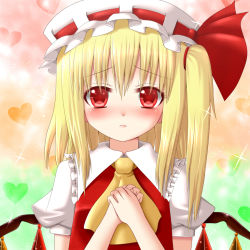 Rule 34 | 1girl, ascot, blonde hair, blush, dotera, female focus, flandre scarlet, frills, hanazome dotera, hands on own chest, hat, heart, red eyes, short hair, side ponytail, solo, sparkle, embodiment of scarlet devil, touhou, upper body, wings