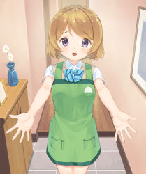 Rule 34 | 1girl, apron, bow, bowtie, brown hair, commentary request, eichisu, flower, flower pot, framed, highres, incoming hug, koizumi hanayo, looking at viewer, love live!, love live! school idol project, open mouth, otonokizaka school uniform, picture frame, purple eyes, reaching, reaching towards viewer, school uniform, short hair, solo, striped bow, striped bowtie, striped clothes, swept bangs, wooden floor