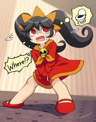 Rule 34 | 1girl, artist name, ashley (warioware), between legs, black hair, collarbone, dress, english text, female focus, flat chest, flying sweatdrops, full body, hairband, hand between legs, have to pee, indoors, kakuume, legs apart, long hair, long sleeves, looking to the side, motion lines, nintendo, open mouth, orange hairband, orange neckwear, own hands together, red dress, red eyes, red footwear, shoes, signature, skull, solo, standing, sweat, thought bubble, toilet, turn pale, twintails, v arms, warioware, wavy mouth