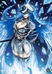 Rule 34 | 1girl, akame ga kill!, belt, black choker, blue eyes, blue hair, blue lips, boots, breasts, chest tattoo, choker, cleavage, colored eyelashes, commentary, cross-laced footwear, crossed arms, dress, english commentary, esdeath, hair over one eye, hat, highres, ice, ice crystal, lace-up boots, large breasts, long hair, looking at viewer, military, military uniform, narrow waist, pale skin, parted lips, peaked cap, plunging neckline, rapier, self hug, sheath, sheathed, solo, sword, tattoo, the golden smurf, thick thighs, thigh boots, thighhighs, thighs, uniform, very long hair, weapon, white dress, white hat, wide hips, zettai ryouiki