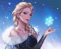 Rule 34 | 1girl, bare shoulders, blonde hair, blue eyes, braid, braided ponytail, elsa (frozen), elsa the snow queen, frozen (disney), fur trim, hair over shoulder, highres, looking at viewer, magic, no bra, outdoors, silversoul ys, smile, snow, snowflakes, snowing, solo, upper body, winter