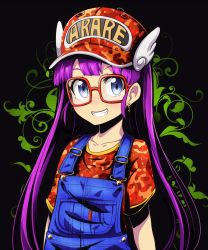 Rule 34 | 1girl, baseball cap, black background, blue eyes, blush, camouflage, clothes writing, collarbone, denim, dr. slump, earrings, glasses, grin, hat, highres, jewelry, long hair, norimaki arale, overalls, purple hair, red-framed eyewear, red hat, red shirt, shirt, short sleeves, smile, solo, star (symbol), star earrings, t-shirt, tanashi (mk2), teeth, upper body, very long hair, white wings, winged hat, wings