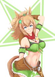 Rule 34 | 1girl, absurdres, animal ears, aonoji, arm up, armband, bandana, bandeau, bare shoulders, belt, bikini, bikini under clothes, blue eyes, breasts, brown belt, brown gloves, brown hair, cleavage, commentary request, cowboy shot, detached sleeves, front-tie top, gloves, green armband, green skirt, groin, gun, hair ornament, handgun, highres, holster, holstered, horse ears, horse tail, large breasts, long hair, looking at viewer, midriff, miniskirt, navel, partial commentary, ponytail, revolver, short sleeves, simple background, skirt, skirt set, smile, solo, standing, star (symbol), star hair ornament, stomach, strapless, swimsuit, taiki shuttle (umamusume), tail, tube top, umamusume, weapon, white background