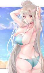 Rule 34 | 1girl, adjusting hair, alternate costume, armpits, arms up, ass, azur lane, back, bad id, bad pixiv id, beach, bikini, blue bikini, braid, breasts, cleavage, cloud, cloudy sky, covered erect nipples, cowboy shot, curvy, day, formidable (azur lane), formidable (the lady of the beach) (azur lane), from behind, highres, huge ass, jjkl9195, large breasts, long hair, looking at viewer, looking back, ocean, outdoors, parted lips, red eyes, sideboob, silver hair, skindentation, sky, solo, string bikini, swimsuit, thick thighs, thighs, very long hair, wide hips