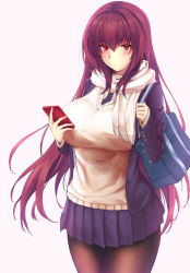 Rule 34 | 1girl, absurdres, alternate costume, bag, blush, breasts, casual, cellphone, fate/grand order, fate (series), highres, hip focus, jacket, large breasts, long hair, looking at viewer, lun7732, open clothes, open jacket, pantyhose, phone, pleated skirt, purple hair, purple jacket, purple skirt, red eyes, scarf, scathach (fate), school bag, simple background, skirt, solo, sweater, thighs, white background, white sweater
