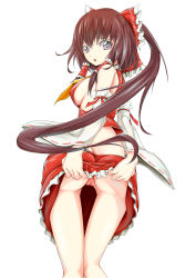 Rule 34 | 1girl, absurdres, ascot, ass, bow, breasts, brown hair, chestnut mouth, cleft of venus, clothes lift, detached sleeves, female focus, grey eyes, hair bow, hair tubes, hakurei reimu, highres, large breasts, long hair, long sleeves, looking at viewer, looking back, no bra, no panties, onigiri (artist), open mouth, ponytail, pussy, shirt, sideboob, simple background, skirt, skirt lift, solo, touhou, uncensored, very long hair, white background, wide sleeves