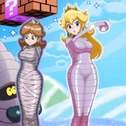 Rule 34 | 2girls, :o, ? block, bandages, bdsm, block (mario), blonde hair, blue eyes, blue sky, bondage, bound, breasts, clenched teeth, commentary request, crown, earrings, feet out of frame, hair between eyes, highres, jewelry, long hair, mario (series), medium breasts, mini crown, multiple girls, mummification (bound), mumsie, nintendo, nkgw, open mouth, princess daisy, princess peach, sky, sparkle, standing, super mario bros. wonder, teeth, v-shaped eyebrows, very long hair