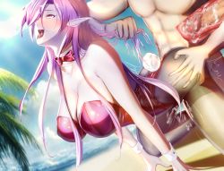 Rule 34 | 1boy, 1girl, ahegao, all fours, alternate costume, animal ears, ass grab, azur lane, backless leotard, bare shoulders, black pantyhose, blush, breasts, censored, cleavage, cum, detached collar, duke of york (azur lane), ejaculation, fake animal ears, gosama, hetero, highres, huge breasts, leotard, mosaic censoring, open mouth, outdoors, pantyhose, penis, playboy bunny, purple hair, rabbit tail, red eyes, red leotard, sex, sex from behind, strapless, strapless leotard, tail, thighband pantyhose, tongue, tongue out, torn clothes, torn legwear, x-ray