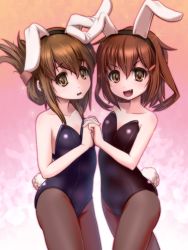 Rule 34 | 10s, 2girls, alternate costume, animal ears, bare shoulders, brown eyes, brown hair, brown legwear, collarbone, fake animal ears, fang, flat chest, folded ponytail, gradient background, hair between eyes, hair ornament, hairband, hairclip, highres, holding hands, ikazuchi (kancolle), inazuma (kancolle), kantai collection, leotard, long hair, looking at viewer, multiple girls, off shoulder, pantyhose, playboy bunny, rabbit ears, rabbit tail, short hair, tail, wavy mouth, wrist cuffs, you naka