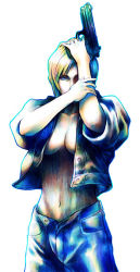 Rule 34 | 1girl, aya brea, blonde hair, blue eyes, breasts, cleavage, denim, gun, jacket, jeans, medium breasts, midriff, official art, open clothes, open shirt, pants, parasite eve, parasite eve ii, shirt, solo, square enix, standing, weapon