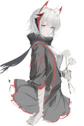 Rule 34 | 1girl, absurdres, antenna hair, arknights, bad id, bad pixiv id, black jacket, black scarf, black skirt, breasts, closed mouth, flower, from side, grey shirt, highres, holding, holding flower, horns, jacket, large breasts, long sleeves, looking at viewer, looking to the side, maho (drmaho1), miniskirt, multicolored hair, open clothes, open jacket, red eyes, red hair, revision, rose, scarf, shirt, short hair, silver hair, simple background, sketch, skirt, smile, solo, two-tone hair, w (arknights), white background, yellow flower, yellow rose