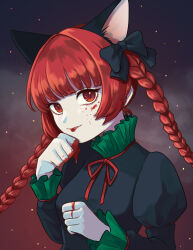 Rule 34 | 1girl, :p, absurdres, animal ears, black bow, blood, blood on face, blood on hands, blunt bangs, bow, braid, breasts, cat ears, dress, gradient background, green dress, hair bow, highres, juliet sleeves, kabadi, kaenbyou rin, long hair, long sleeves, medium breasts, puffy sleeves, red eyes, red hair, simple background, solo, tongue, tongue out, touhou, twin braids, upper body, very long hair