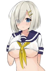Rule 34 | 10s, 1girl, blue eyes, blush, breasts, gloves, hair ornament, hair over one eye, hairclip, hamakaze (kancolle), highres, kantai collection, large breasts, looking at viewer, navel, oto (artist), oto (piiko), school uniform, serafuku, short hair, silver hair, simple background, solo, underboob, upper body, white background