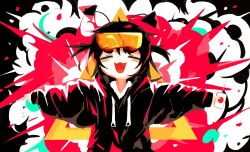 Rule 34 | 1girl, :3, absurdres, antennae, black hair, black hoodie, blush, closed eyes, controller, countdown boom!!!!!!!!!! (vocaloid), drawstring, explosion, facing viewer, fang, goggles, goggles on head, highres, holding, holding remote control, hood, hood down, hoodie, ime-chan (ime44), long sleeves, multicolored background, orange-tinted eyewear, original, outstretched arms, puffy long sleeves, puffy sleeves, remote control, shirt, smile, solo, spread arms, stuffing scone, tinted eyewear, triangle, upper body, v, white shirt