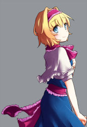 Rule 34 | 1girl, alice margatroid, blonde hair, blue dress, blue eyes, blush, capelet, closed mouth, commentary request, cookie (touhou), cowboy shot, dress, frilled capelet, frilled hairband, frilled sash, frilled scarf, frills, grey background, hair between eyes, hair intakes, hairband, ichigo (cookie), looking to the side, pink hairband, pink sash, pink scarf, sash, scarf, short hair, simple background, smile, solo, tomoshige, touhou, white capelet