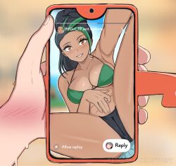 Rule 34 | 1girl, arm up, armpits, artist name, bikini, black hair, blush, breasts, brown eyes, cameltoe, cleft of venus, collarbone, creatures (company), dark-skinned female, dark skin, eyelashes, feet out of frame, fingernails, freckles, game freak, gen 4 pokemon, green hair, highres, large breasts, legs up, lepypepy, long hair, looking at viewer, multicolored hair, nemona (pokemon), nintendo, open mouth, outstretched arm, paid reward available, parted lips, phone, pokemon, pokemon sv, ponytail, pov, presenting, reaching, reaching towards viewer, rotom, rotom phone, selfie, sitting, snapchat, solo focus, spread legs, streaked hair, swimsuit, teeth, text messaging, thick thighs, thighs