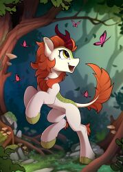 Rule 34 | 1girl, autumn blaze, brown eyes, brown hair, bug, butterfly, grass, highres, horns, insect, kirin (mlp), my little pony, my little pony: friendship is magic, no humans, open mouth, outdoors, pink butterfly, single horn, solo, tail, tree, white fur, yakovlev-vad