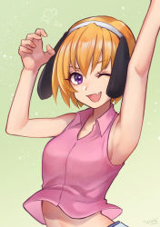 Rule 34 | 1girl, ;d, animal ears, armpits, arms up, bad id, bad pixiv id, bare arms, bare shoulders, breasts, collared shirt, commentary request, dog ears, eyebrows, fake animal ears, fang, floppy ears, gradient background, green background, hair between eyes, happy, highres, higurashi no naku koro ni, houjou satoko, looking at viewer, midriff, one eye closed, open mouth, pink shirt, purple eyes, shirt, signature, sleeveless, sleeveless shirt, small breasts, smile, solo, tarako jun, upper body