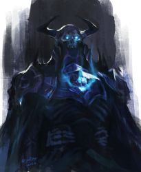 Rule 34 | 1boy, armor, black armor, black horns, blue eyes, blue fire, burning, fate/grand order, fate (series), fire, fire, flaming eye, glowing, glowing eyes, horns, king hassan (fate), looking at viewer, male focus, mask, simple background, skull, skull mask, solo, spikes, upper body, yomichi (yomi888)