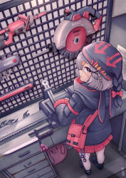 Rule 34 | 1girl, arknights, bayonet, black coat, black footwear, brand name imitation, chainsaw, circular saw, coat, eyepatch, from behind, grey hair, hair ornament, hair over one eye, highres, jacy, logo parody, long sleeves, looking at viewer, pleated skirt, popukar (arknights), power tool, red eyes, red skirt, saw, short hair, skirt, solo, standing, tools, weapon, x hair ornament