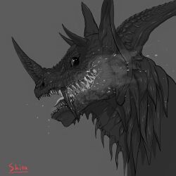 Rule 34 | artist name, black sclera, breath, colored sclera, commentary request, fangs, grey background, greyscale, highres, horns, kaijuu, looking to the side, monochrome, monster, no humans, open mouth, portrait, ringed eyes, scales, sharp teeth, shion humine, simple background, teeth, tongue, tusks, tyrant (ultraman tarou), ultra series, ultraman tarou (series)