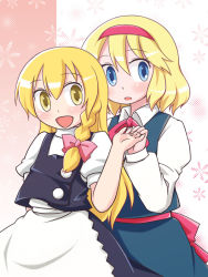 Rule 34 | 2girls, :d, alice margatroid, blonde hair, bow, bowtie, braid, capelet, female focus, hair bow, hairband, holding, kirisame marisa, long sleeves, looking at viewer, multiple girls, open mouth, red bow, red bowtie, shaomin, single braid, smile, touhou, yellow eyes