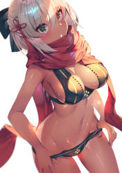 Rule 34 | 1girl, adjusting clothes, adjusting swimsuit, bikini, black bikini, black bow, black ribbon, blush, bow, breasts, cleavage, commentary request, dark-skinned female, dark skin, fate/grand order, fate (series), hair between eyes, hair bow, hair ornament, hair ribbon, large breasts, lips, looking at viewer, navel, okita souji (fate), okita souji alter (fate), okita souji alter (first ascension) (fate), open mouth, parted lips, red scarf, ribbon, scarf, short hair, simple background, solo, standing, swimsuit, white background, white hair, yoshimoto (dear life)