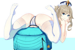 Rule 34 | 1girl, 47 hard, ass, barbara (genshin impact), bikini, blonde hair, blue eyes, feet, from behind, genshin impact, hair ornament, hat, highres, looking at viewer, looking back, lying, musical note, on stomach, cameltoe, simple background, smile, solo, swimsuit, thighhighs, twintails, white background, white bikini, white thighhighs