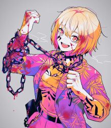 Rule 34 | 1girl, arm tattoo, blood, blood on clothes, blood on face, breasts, chain, chain necklace, chest sarashi, chest tattoo, don quixote (project moon), highres, jacket, jewelry, large breasts, lcwy4149, limbus company, long sleeves, looking at viewer, neck tattoo, necklace, open mouth, pants, project moon, purple jacket, sarashi, short hair, smile, solo, tattoo, upper body, white pants