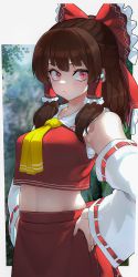 Rule 34 | 1girl, ascot, bare shoulders, blurry, blurry background, bow, breasts, brown hair, chest sarashi, closed mouth, cowboy shot, crop top, cropped shirt, day, detached sleeves, frilled bow, frilled hair tubes, frilled ribbon, frills, hair ribbon, hair tubes, hakurei reimu, hands on own hips, highres, kashu (hizake), lens flare, light blush, long sleeves, medium breasts, nontraditional miko, outdoors, pout, red eyes, red ribbon, red shirt, red skirt, ribbon, sarashi, shirt, skirt, sleeveless, sleeveless shirt, touhou, tree, wide sleeves, yellow ascot