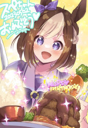 Rule 34 | + +, 1girl, :d, animal ears, blue bow, blue eyes, blue shirt, bow, bowl, brown hair, carrot, commentary request, ear bow, ech, food, fork, highres, holding, holding fork, holding knife, horse ears, knife, multicolored hair, open mouth, puffy short sleeves, puffy sleeves, revision, rice, rice bowl, school uniform, shirt, short sleeves, smile, solo, special week (umamusume), tracen school uniform, translation request, two-tone hair, umamusume, white hair