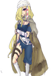 Rule 34 | 1990s (style), 1girl, bandana, blonde hair, blue eyes, boots, cain highwind, cape, female focus, final fantasy, final fantasy iv, final fantasy iv: the after years, gender request, genderswap, hair over one eye, long hair, nezi ch, solo, torn clothes, white background