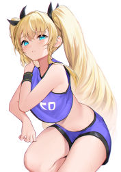 Rule 34 | 1girl, absurdres, bare arms, bare shoulders, black ribbon, blonde hair, blue eyes, blue shorts, blush, crop top, hair ribbon, highres, long hair, looking at viewer, original, parted lips, ribbon, shorts, simple background, sitting, sleeveless, solo, sweatband, twintails, very long hair, white background, wo chi xiangjiao pi