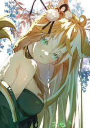 Rule 34 | 1girl, absurdres, animal ears, branch, breasts, brown hair, choker, dog ears, dog girl, dress, genshin impact, green dress, green eyes, highres, hina (genshin impact), large breasts, leaf, long hair, looking at viewer, looking down, luobotou cuncun zhang, multicolored hair, off shoulder, open mouth, signature, solo, tail, two-tone hair, white background, white hair