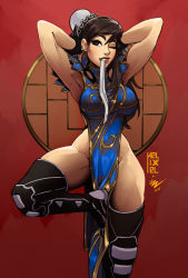 Rule 34 | 1girl, adjusting hair, armpits, arms behind head, arms up, asymmetrical hair, black footwear, blue dress, boots, breasts, brown eyes, brown hair, bun cover, capcom, china dress, chinese clothes, chun-li, collaboration, commentary, dress, earrings, english commentary, hair bun, hair down, helixel, jewelry, knee pads, large breasts, lips, long hair, mouth hold, no panties, official alternate costume, one eye closed, pelvic curtain, red background, revealing clothes, side bun, single hair bun, single side bun, solo, street fighter, street fighter v, thick eyebrows, thick thighs, thigh boots, thighhighs, thighs, vashperado