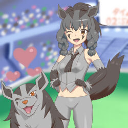 Rule 34 | 1girl, alternate costume, alternate hairstyle, an1k1 (tkks5227), animal ears, black hair, blush, braid, braided bangs, clothes lift, creatures (company), flirting, game freak, gen 3 pokemon, gloves, heart, jewelry, marks, mightyena, mightyena girl, necklace, nintendo, one eye closed, pants, pokemon, pokemon (anime), pokemon xy (anime), ponytail, shirt lift, stadium, tail, wink, yellow eyes, yoga pants