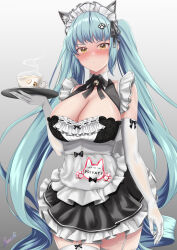 Rule 34 | 1girl, absurdres, animal ears, apron, black dress, blue hair, blush, breasts, cat ears, cleavage, cup, dress, drill hair, elbow gloves, fake animal ears, gloves, goddess of victory: nikke, highres, holding, large breasts, legwear garter, light blue hair, long hair, maid, maid headdress, neck bell, official alternate costume, paw hair ornament, privaty (nikke), privaty (unkind maid) (nikke), ramiki (ramesgoag), solo, teacup, thighhighs, twin drills, twintails, very long hair, white apron, white gloves, white thighhighs, yellow eyes
